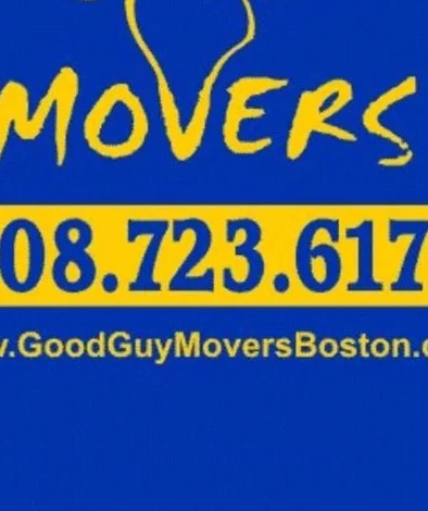 Good Guy Movers logo on a blue crew hoodie print